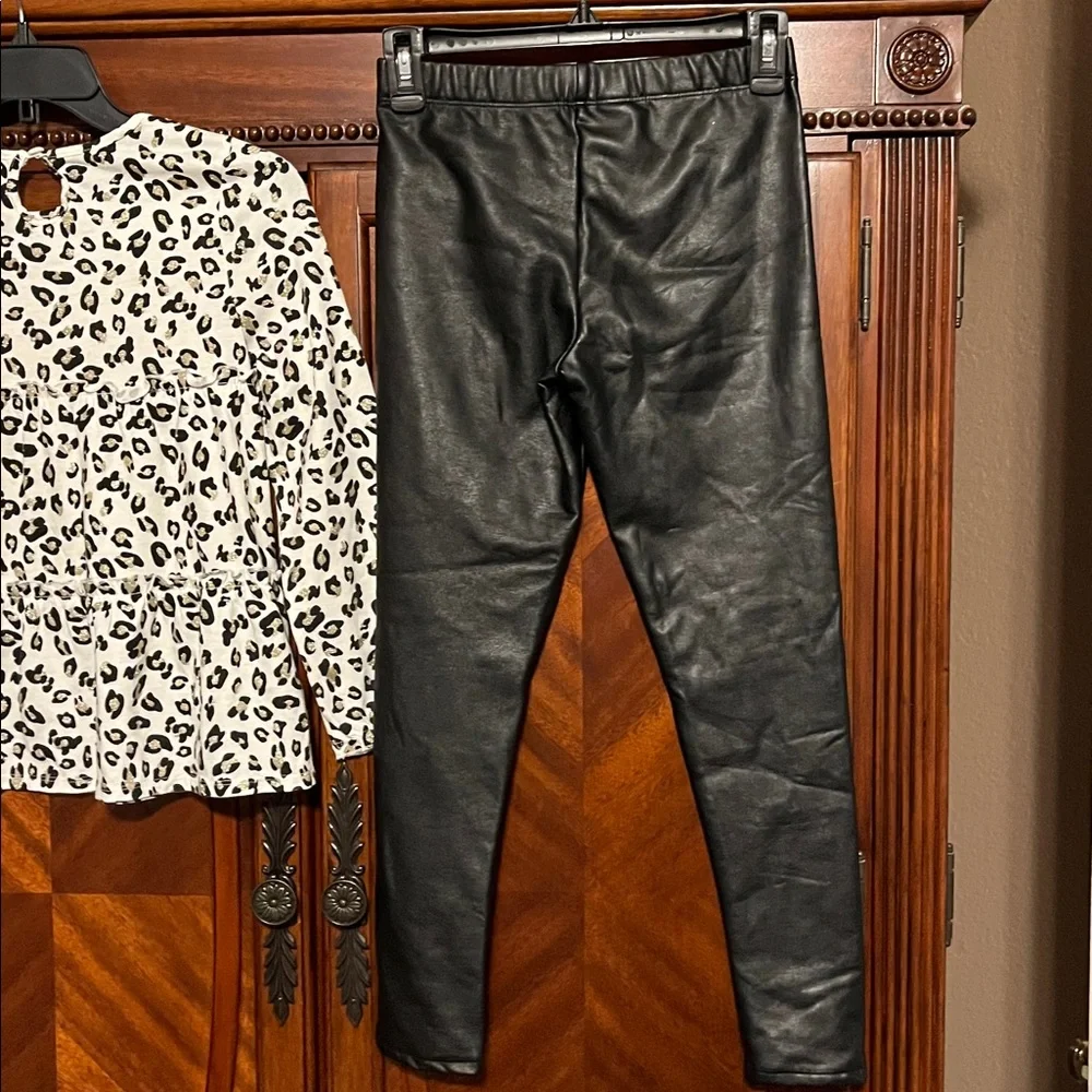Rachel Zoe Girl’s Animal Print Top and Black PleatherLeggings Set